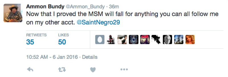 Illustration for article titled No, Ammon Bundy Didn't Compare His Militia to Rosa Parks (He's Not on Twitter)